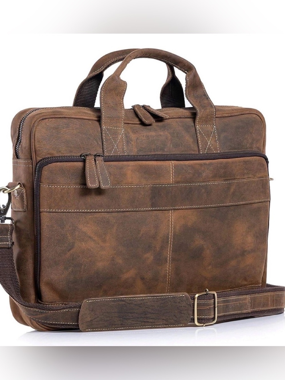 KomalC Men's Buffalo Leather Laptop Briefcase Messenger Bag in Brown